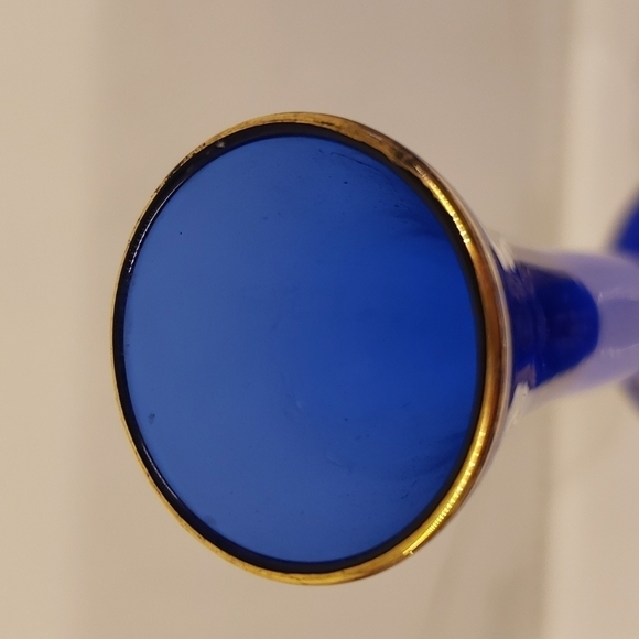𝅺COBALT Blue Glass blown flute vase swirled foot gold gilded design 10.5" - Picture 4 of 10